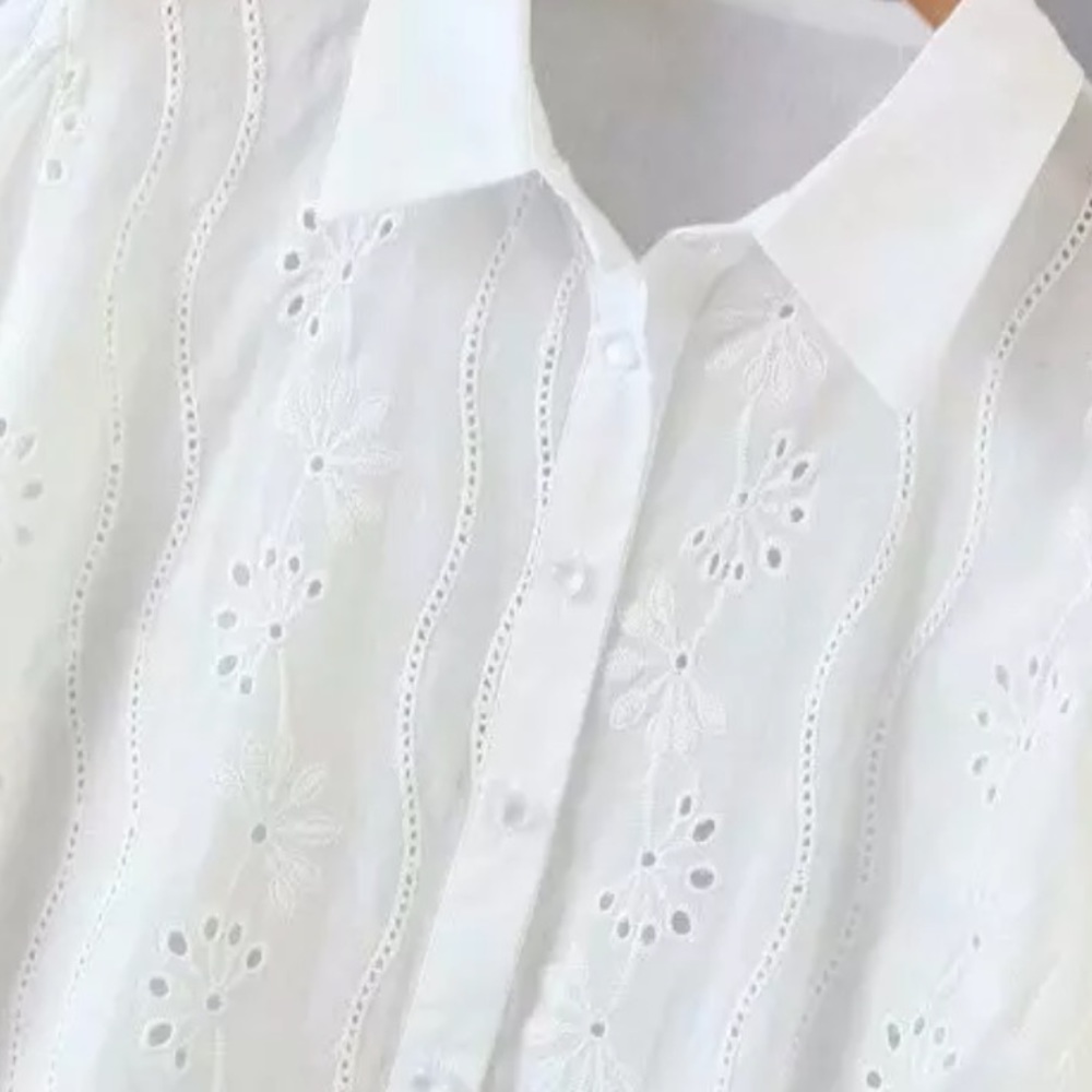 Boho embroidered eyelet pearl buttonup top white - Picture 8 of 10